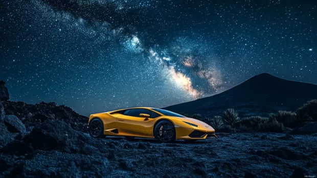 Lamborghini parked on volcanic rock terrain under a sky filled with stars and the Milky Way.