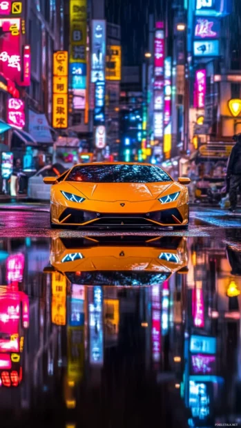 Lamborghini shot reflected in puddles on neon lit street.