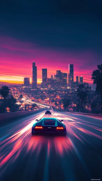 Lamborghini speeds past a glowing skyline in vertical twilight composition.