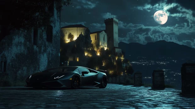 Lamborghini under moonlight beside an old castle, creating a blend of modern and ancient design.