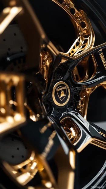 Lamborghini wallpaper 4K focusing on golden brake calipers and forged wheels of a race ready Huracán.