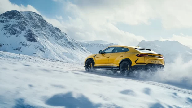 Lamborghini wallpaper showing a yellow Urus SUV drifting across snowy terrain with motion blur.