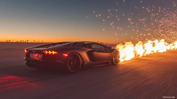 Lamborghini wallpaper with a matte black Aventador speeding through a desert highway at sunset.