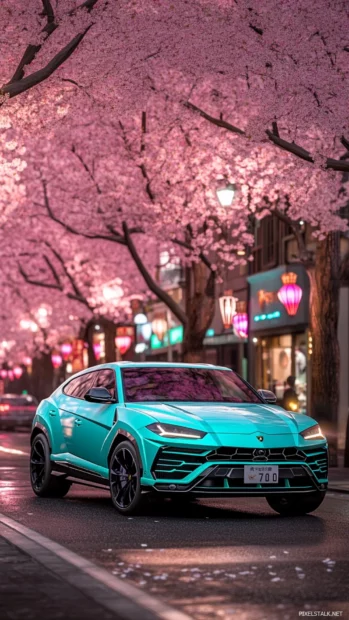 Lamborghini wallpaper with a pastel themed Urus driving through cherry blossom streets.