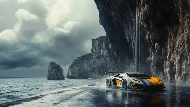 Lamborghini with aerodynamic kit racing beside cliffs above the ocean under storm clouds.