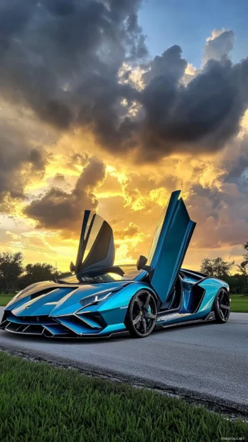 Lamborghini with butterfly doors open under dramatic clouds.