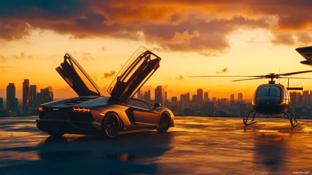 Lamborghini with scissor doors open parked on a rooftop helipad during golden hour.