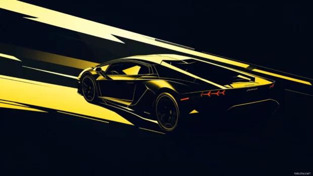 Lamborghini with sharp shadows cast by geometric light beams on a dark background.