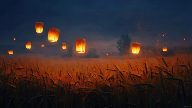Lanterns floating above a spooky field of wheat.
