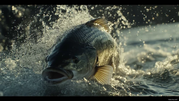 Large bass fish breaking water surface mid jump glistening scales catching sunlight ripple effect in water.