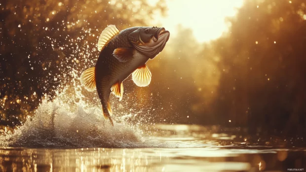 Large bass fish, mid jump breaking water, glistening scales, sunlight catching, ripple effect.