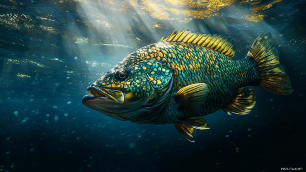 Large bass fish, underwater lake capture, vibrant green gold scales, dark blue water contrast.