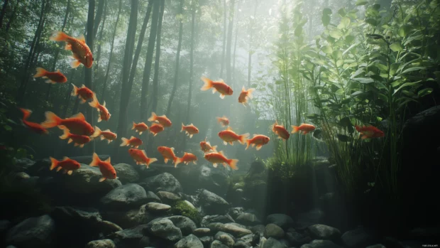 Large fish tank scene, goldfish school swimming, rocks driftwood tall plants, sunlight filtering.