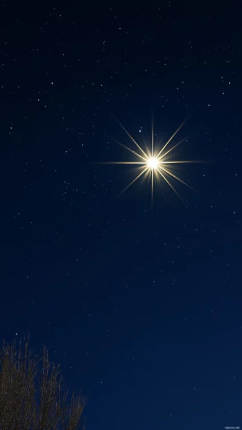 Large glowing golden star, center, deep midnight blue sky, soft light radiating, powerful serene focal point.