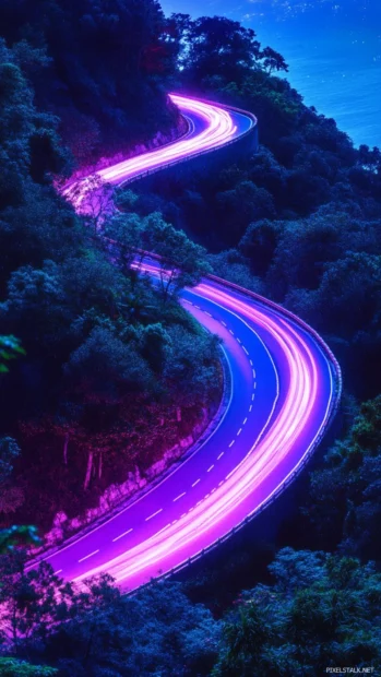 Laser bound roads winding through glowing dusk.