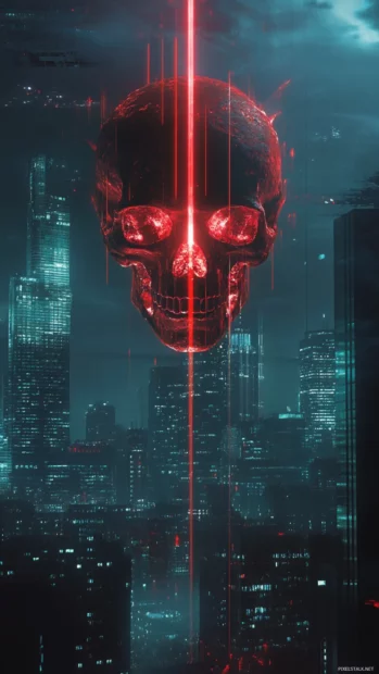 Laser lit skull head hovering over digital skyline.