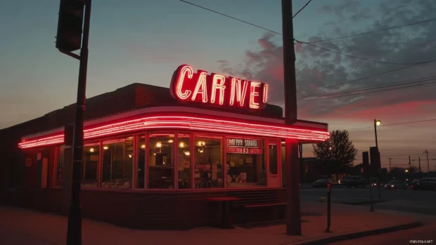 Last neon diner still open at citys edge.