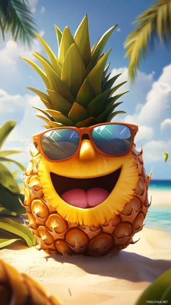 Laughing pineapple wearing sunglasses on a sunny backdrop.