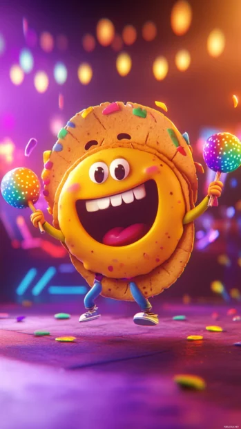 Laughing taco cartoon shaking maracas under colorful lights.