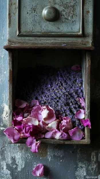 Lavender and rose petals filling a vintage letter box.