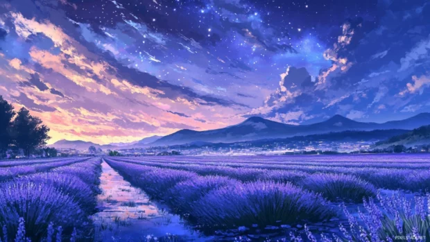 Lavender fields melting into distant star realms, reflecting the beauty of starry heavens wallpaper for desktop.