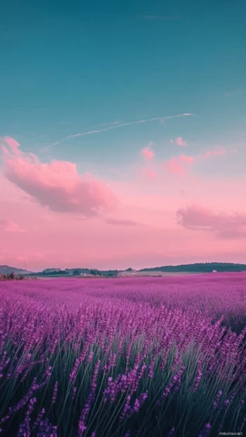 Lavender fields stretched under a calm evening sky, lock screen wallpaper capturing serenity.