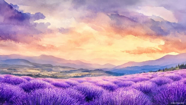 Lavender fields waving under watercolor evening clouds.