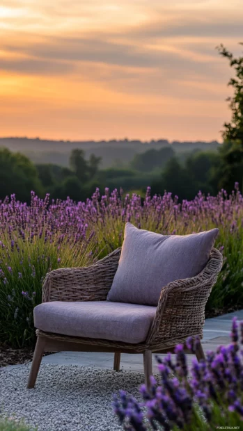 Lavender rows blending into Pretty Flower fields at sunset inspired by Lavender flower wallpaper.