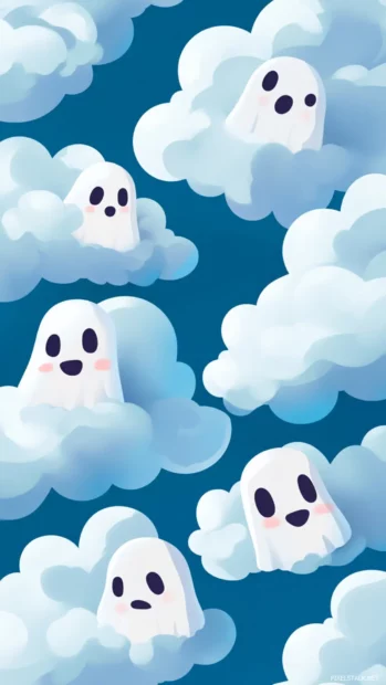 Layered clouds reveal cute ghost faces peeking through in symmetrical cartoon layout.