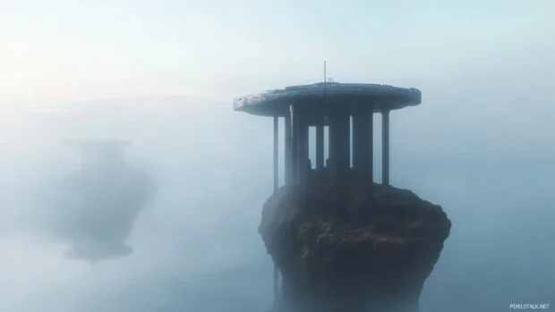 Layered digital scenery of Gravity Well blending into horizon fog.