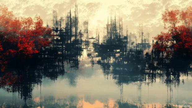 Layered digital scenery of Mechanical Forest blending into horizon fog.