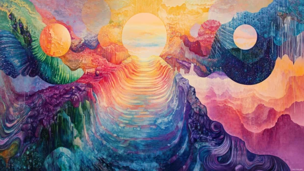 Layered dreamscape of melting geometry with shifting trippy illusions and subtle reflections.