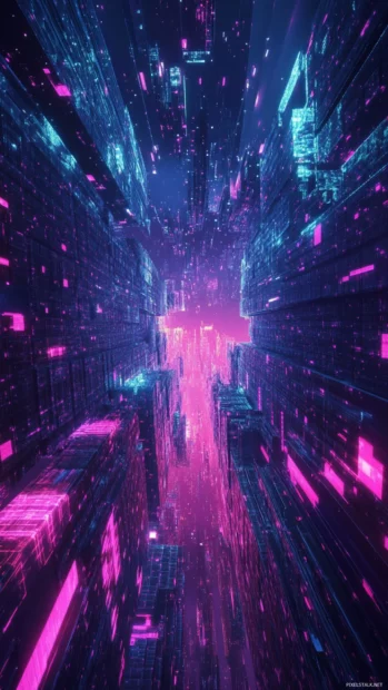 Layered neon hexagons fading into deep space, Abstract neon shapes wallpaper mobile.