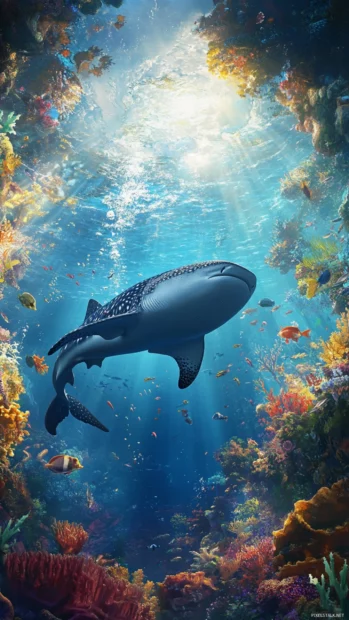 Layered sea textures around swimming whale shark.