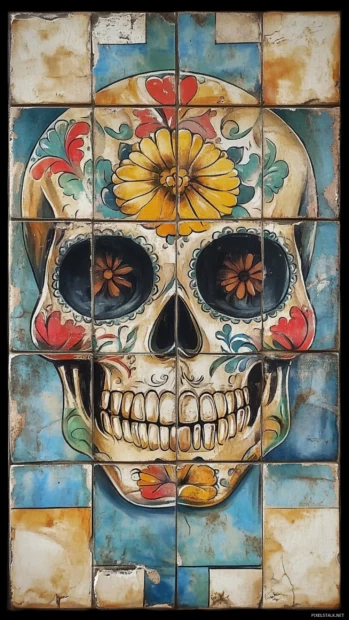 Layered tile design revealing sugar skull under surface.