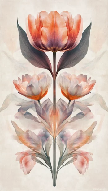 Layered tulips and leaves in mirror symmetry on pale canvas.