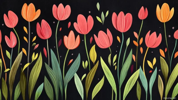 Layered tulips and vines in simplified boho line art.