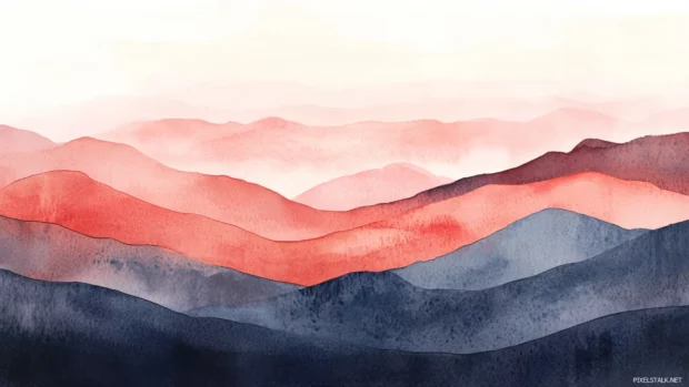Layered watercolor mountains stretching across the horizon.