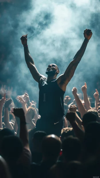LeBron James celebrating a win with fans in soft focus behind him.