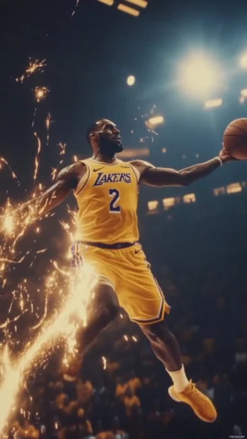 LeBron James dominating the court with power and precision, sparks flying in slow motion.