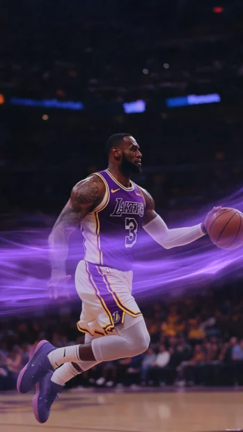 LeBron James making a no look pass, motion frozen mid play with energy trails.