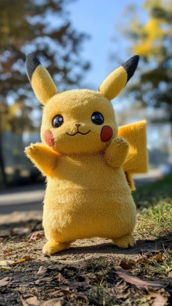 Leaning on an invisible wall, Pikachu waves with one foot crossed behind the other.