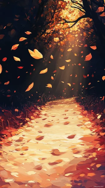 Leaves dancing on a windy autumn path with golden light.