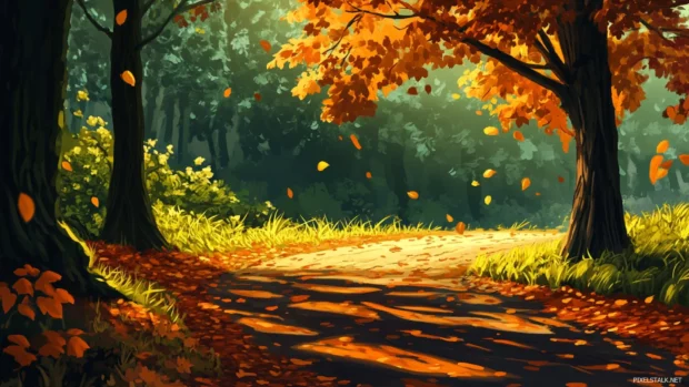 Leaves rustling on a quiet forest path during autumn.