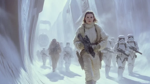 Leia Organa leading rebels through icy corridors of Hoth.