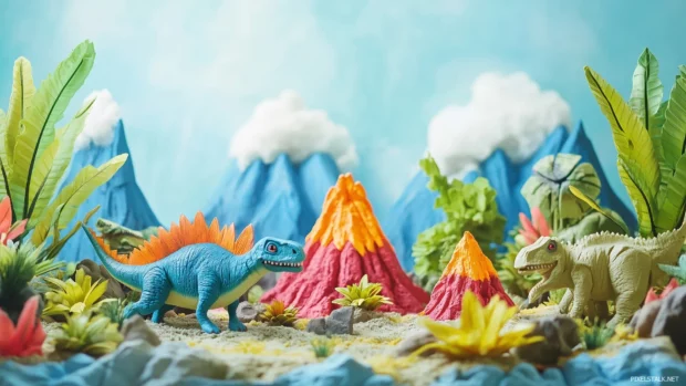 Light blue background featuring whimsical dinosaurs, with volcanoes and jungle plants, creating a fun prehistoric theme for kids.