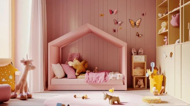 Light pink background with illustrated butterflies and flowers, creating a charming, nature inspired look for a young child room.