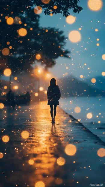 Light sparkles drift softly across the lock screen Wallpapers aesthetic, shimmering against a soft night sky.