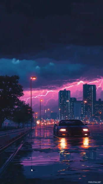 Lightning bolts flickering against a darkened skyline.