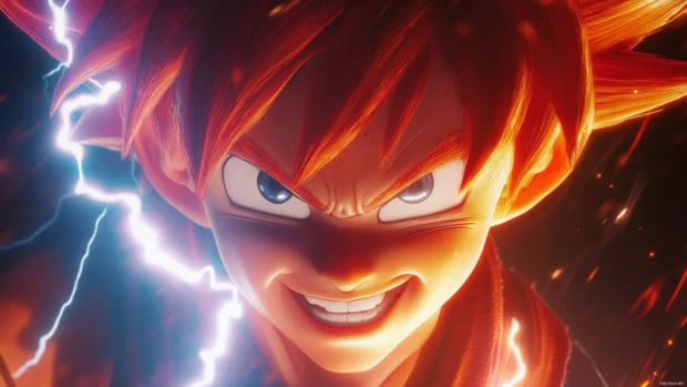 Lightning crackles around Goku as he smiles confidently with narrowed eyes.